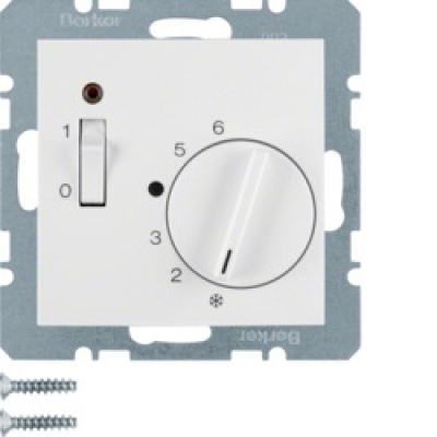 Regulator temperatury pomieszczenia 24V z zestykiem zwiernym, elementem centralnym i łącznikiem; śnieżnobiały; B.1/B.3/B.7 Glas